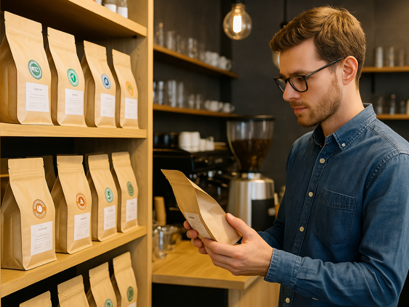 onsumidor escolhendo café sustentável em cafeteria gourmet com rastreabilidade na embalagem.