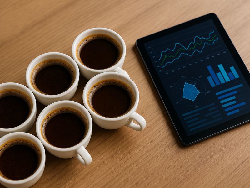 Degustação de café Arábica com suporte de tecnologia digital, simbolizando a Inteligência Artificial no Café.