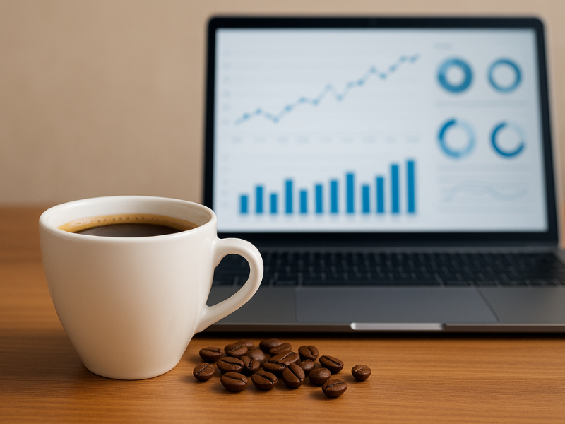 Xícara de café Arábica ao lado de tecnologia digital, representando a Inteligência Artificial no Café.