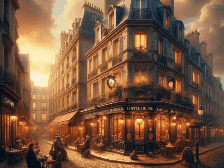 Ilustração de uma fachada de um café, a era do café na Europa