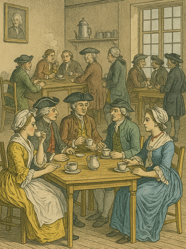 Interior de coffee house europeia do século XVIII, com clientes discutindo e bebendo café.