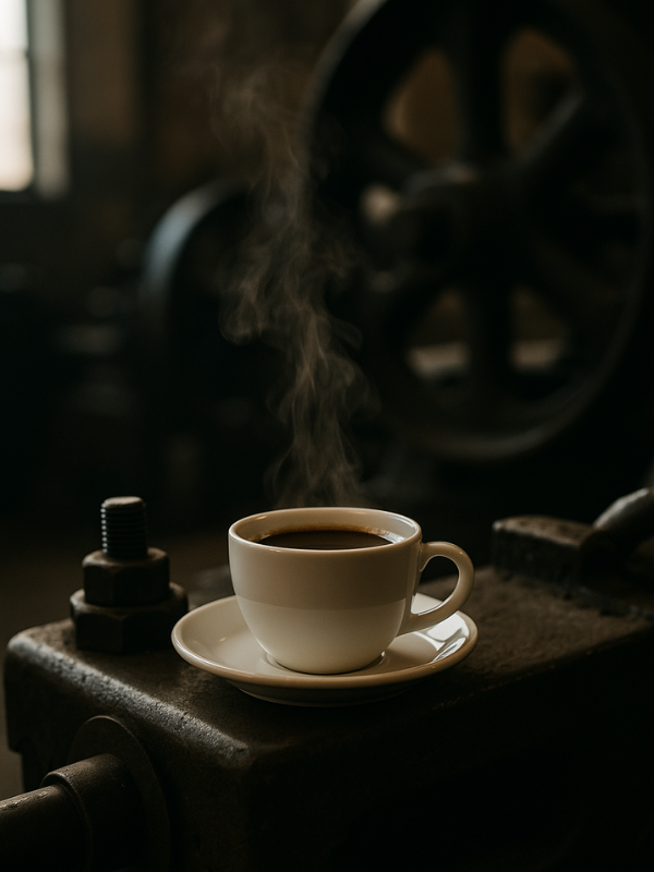 Xícara de café na Revolução Industrial representando energia para operários e motor da produtividade no século XIX.
