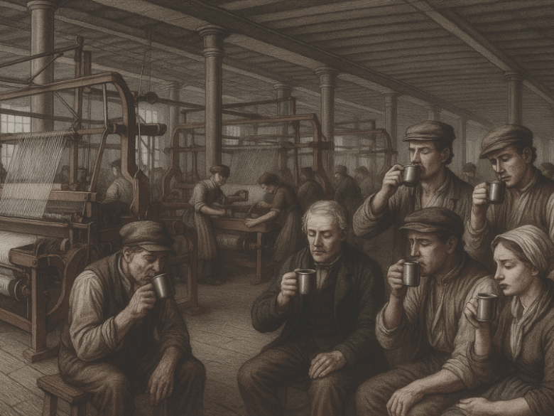 Trabalhadores em fábrica do século XIX tomando café na Revolução Industrial para suportar longas jornadas.