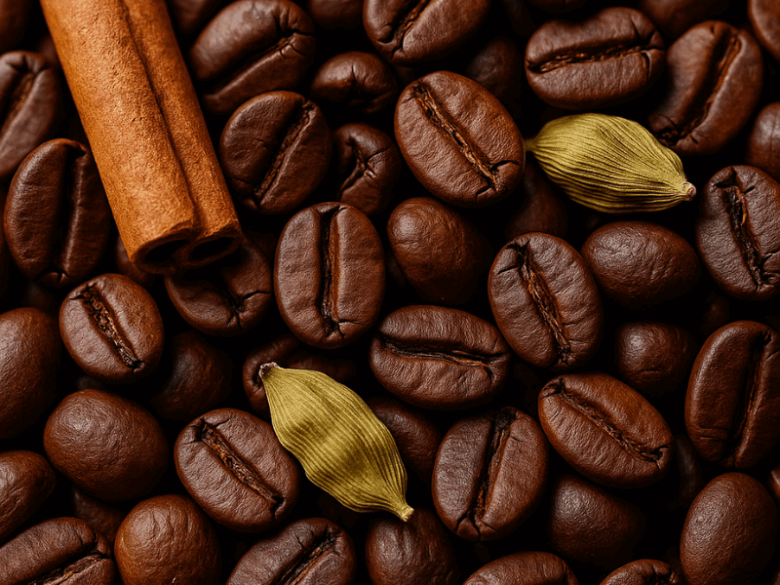 Grãos de café Bourbon com especiarias exóticas, tendência em cafés especiais infusionados.
