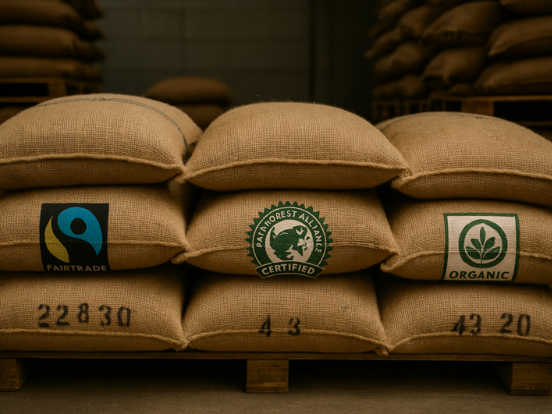 Sacas de café com diferentes certificações de café sustentável em armazém internacional.