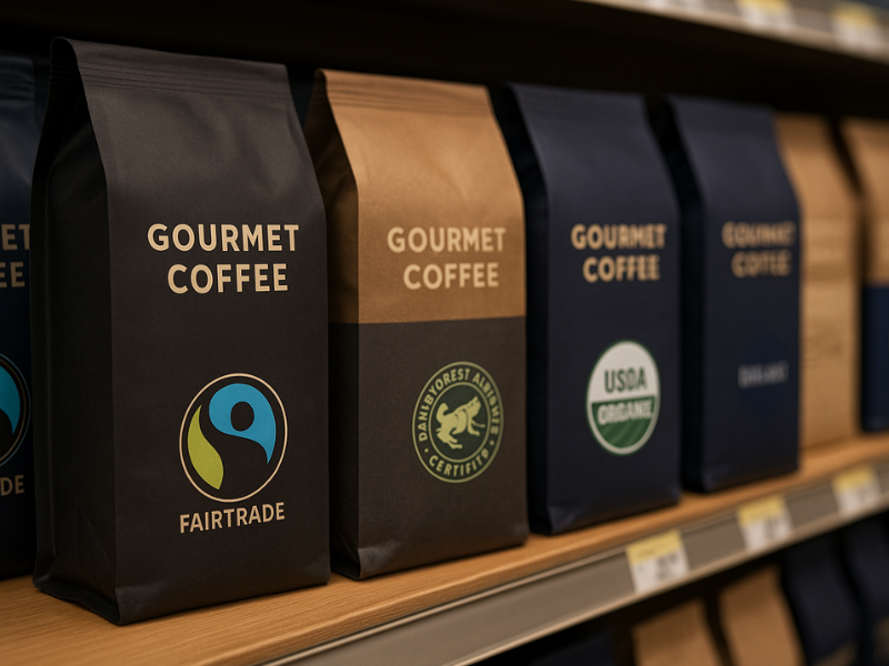 Embalagens de café com certificações de café sustentável em prateleira de supermercado.