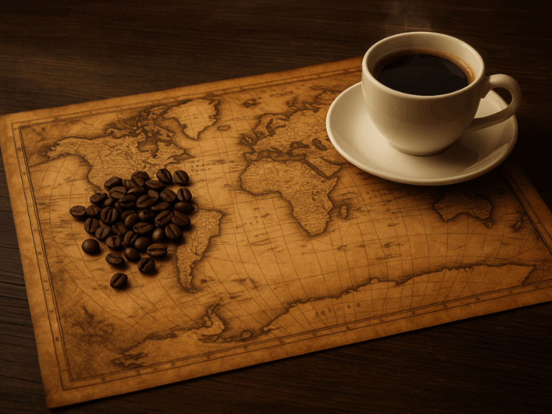 Mapa ilustrado das rotas comerciais históricas na história do café.