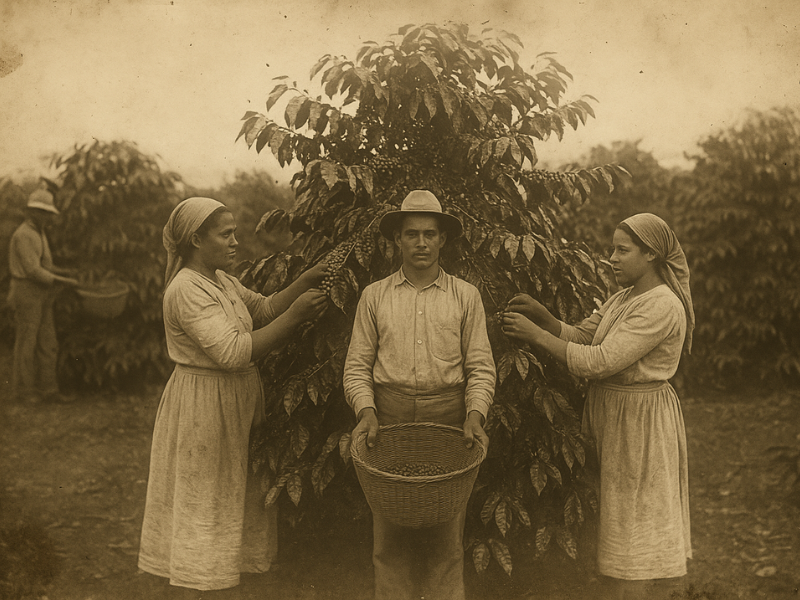 Colheita de café no início do século XX, parte da história do café.