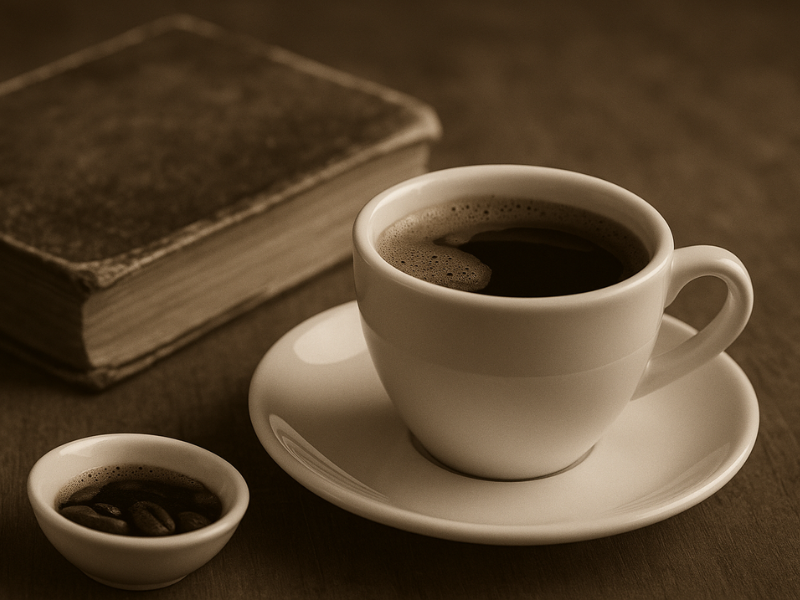 Xícara de café e livro antigo representando a história do café.