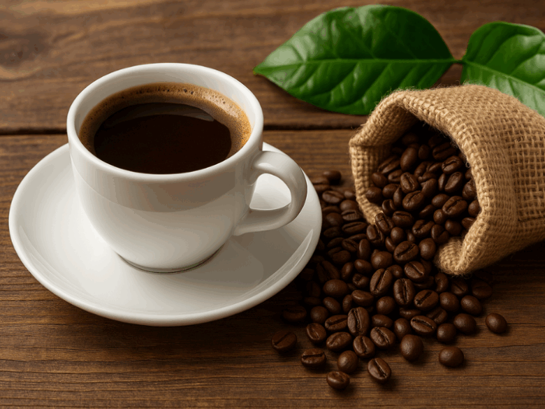 Xícara de café e grãos orgânicos em mesa rústica, simbolizando a redução da pegada de carbono do café.