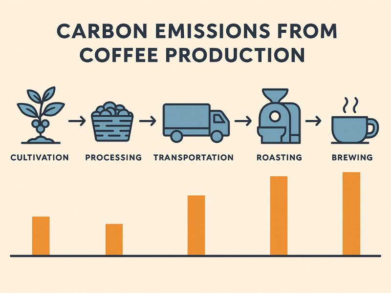 Ilustração da cadeia produtiva e ações para reduzir a pegada de carbono do café.