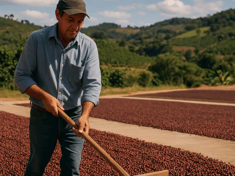 Produtor espalhando grãos de café especial em terreiro de secagem para processamento natural do café.