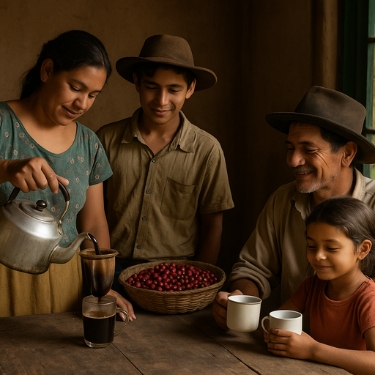 Família rural preparando café arábica, simbolizando o impacto social e cultural da produção ética de café arábica.