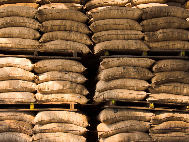 Sacas de café armazenadas em galpão.