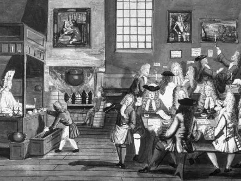 Ilustração de uma cafeteria no século XVIII onde o café e a revolução se encontraram.