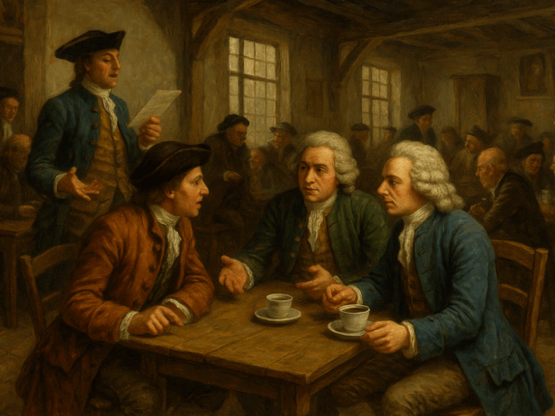 Homens do século XVIII debatendo em cafeteria sobre café e a revolução.
