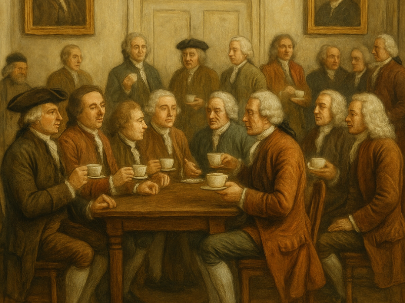 Ilustração do salão de uma cafeteria da época onde o café e a revolução estavam em pauta