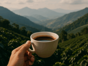 Mão segurando xícara de café especial de origem única com vista para as montanhas, representando o terroir e a exclusividade