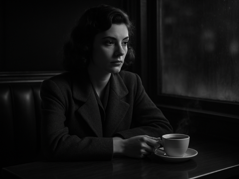 exemplo de uma cena clássica de café no cinema, uma mulher tomando um café na cafeteria e refletindo