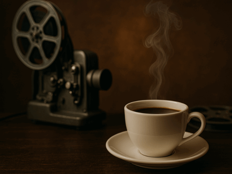Cena que une café no cinema com xícara fumegante e projetor antigo, simbolizando a presença da bebida na sétima arte do século 20