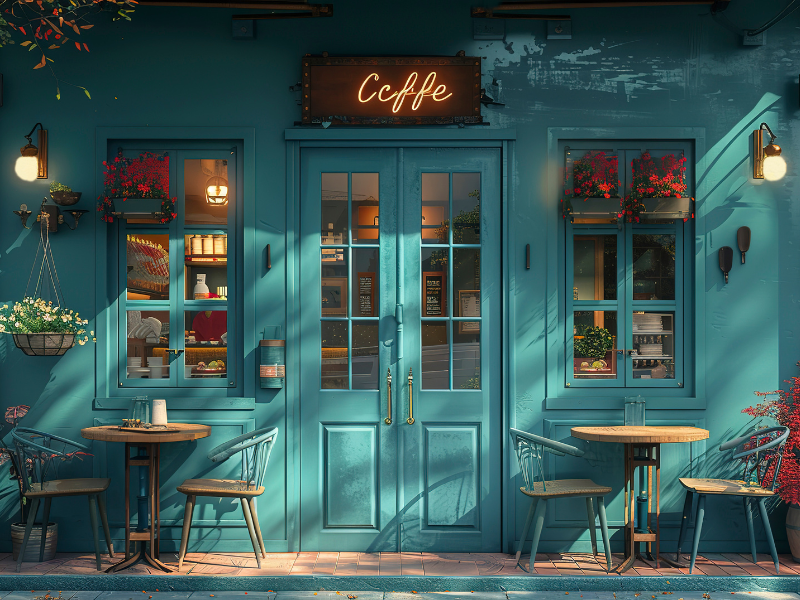 Fachada de uma das cafeterias modernas das mais fofas, com ambiente acolhedor e urbano.