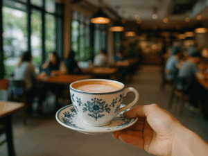 Imagem de uma xícara de café em uma das cafeterias modernas