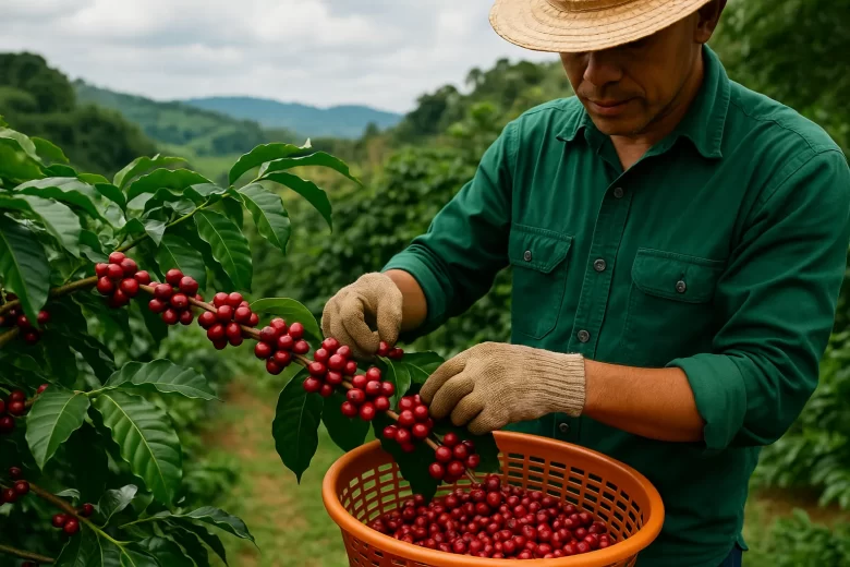 Produtor rural segurando grãos maduros, simbolizando o cuidado nas cadeias sustentáveis de café
