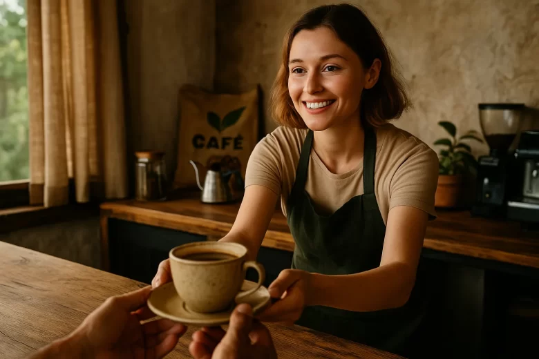 Barista servindo café orgânico em loja especializada, exemplo do impacto da agrofloresta café