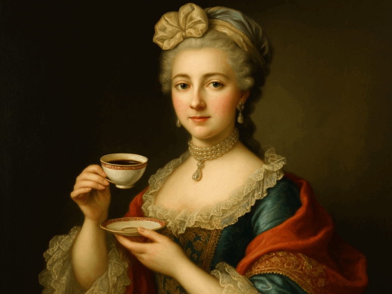 senhora refinada do século 18 participando de rituais de café, imagem gerada por IA