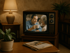 Sala de estar com televisão exibindo um comercial clássico de publicidade do café